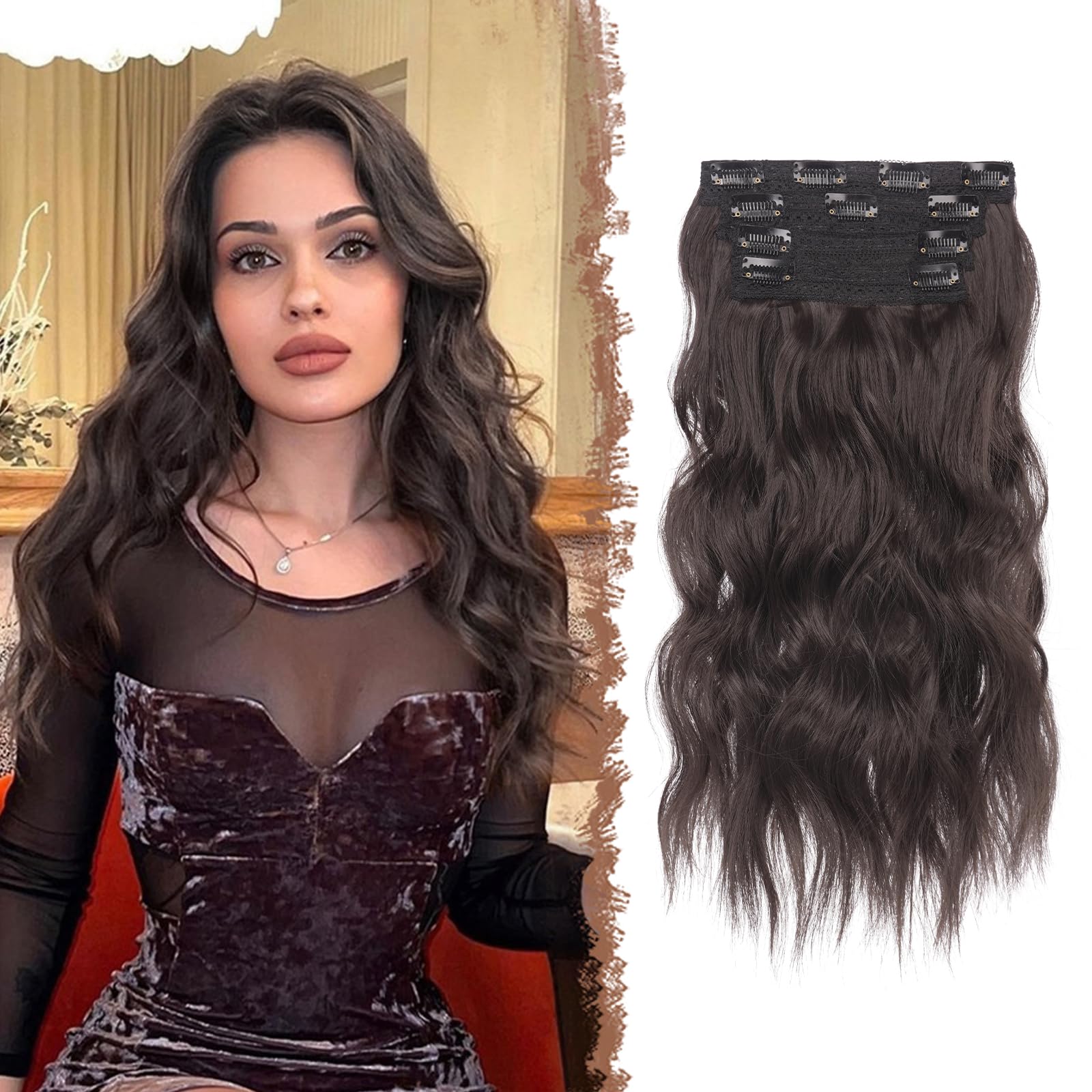 FESHFEN Clip in Hair Extensions 4PCs Long Wavy Thick Hair Piece Highlighted Full Head Synthetic Natural Curly Dark Brown Extension for Women, 16 Inch