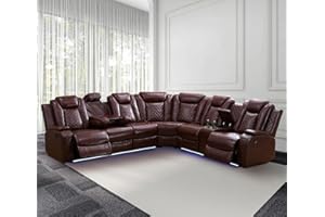 Caberryne Power Recliner Sofa Sectional Couch with LED Light for Living Room,Leather Reclining Corner Sectional Sofa with 2 Recliner Seats,Cup Holder,Storage Console for House/Home Theater, Wine