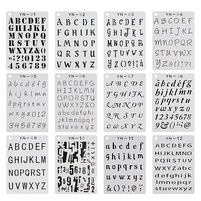 YUEAON 12 Pack Letter and Number Stencils Alphabet Stencil for A5 Bullet Journal Supplies Scrapbooking Painting Drawing Craft -5×7 inch
