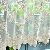 Kotile Beige Lace Valance Curtain for Kitchen Window W52 x L18 Inch 1 Panel | Rod Pocket, Open Lace Drapes Softly, Softens Bright Sun, Vintage Floral, Warm Neutral Look, Upper-Window Detail, Privacy