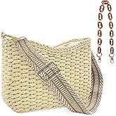 Small Straw Handbags for Women Crossbody Pocketbooks Woven Shoulder Purses Beach Tote Bag for Summer Vacation with Chain
