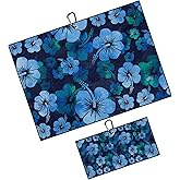BEITUOLA Tropical Floral Golf Towel 2 Packs Blue Hibiscus Flowers Golf Towels for Golf Bags Men Women Hawaiian Plants Microfiber Waffle Towel with Clip Funny Gift Accessories