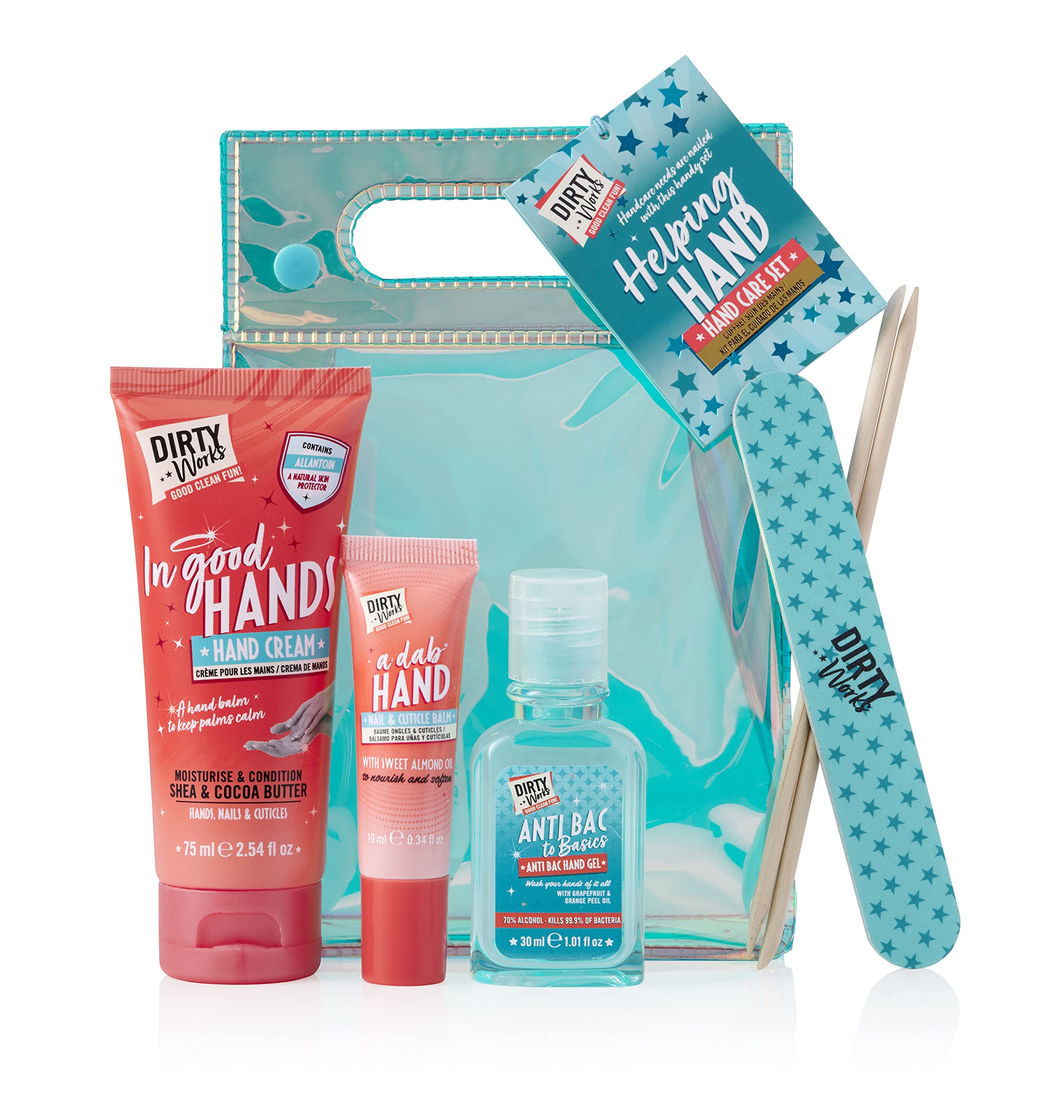 Dirty Works Helping Hand, Hand Care Gift Set, Hand Cream, Anti Bac Gel, Cuticle Balm, Nail File & Cuticle Stick, Vegetarian Travel Hand Treatment with Bag