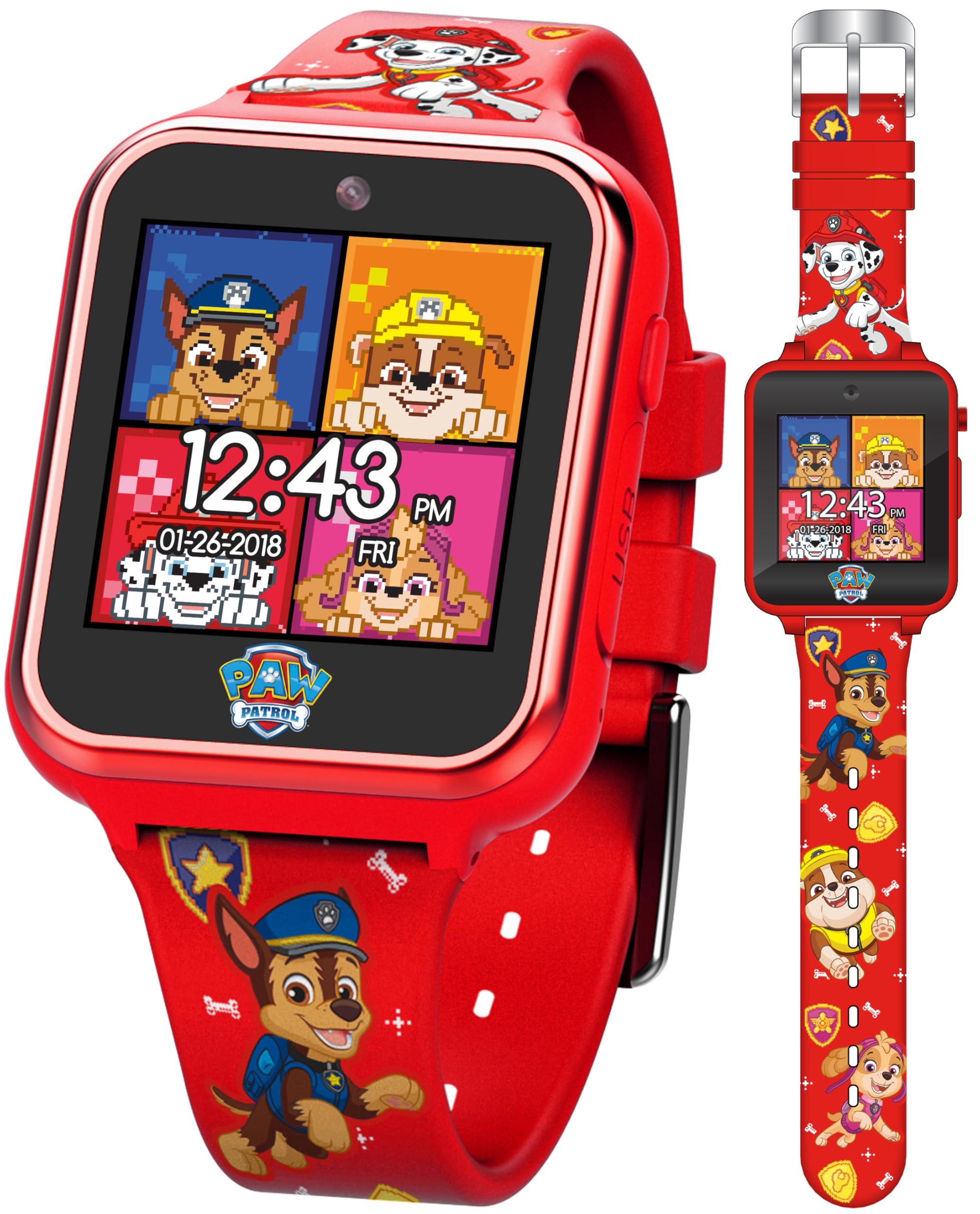 Accutime PAW4275 Paw Patrol Children's Smartwatch with Selfie Camera, Photo & Video, Stopwatch, 6 Games, 3 Backgrounds, 10 Dials, Voice Recorder, Fitness Tracker Watch, Alarm Clock, Red