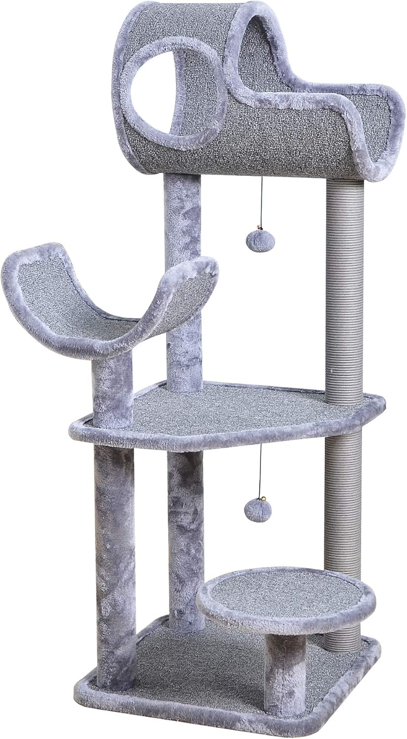 Catry Large Cat Tree Tower with Paper Rope Covered Scratching Post Hammock Tunnel for Multiple Cats Activity Center, Gray : Pet Supplies