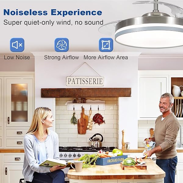 DEPULEY 42″ RETRACTABLE CEILING FAN: MODERN SILENT SMART SLIM CEILING FANS WITH LIGHTS AND REMOTE/APP CONTROL – 6 SPEEDS DIMMABLE REVERSIBLE MEMORY LED FANDELIER FOR BEDROOM LIVING ROOM NICKEL+ GREY