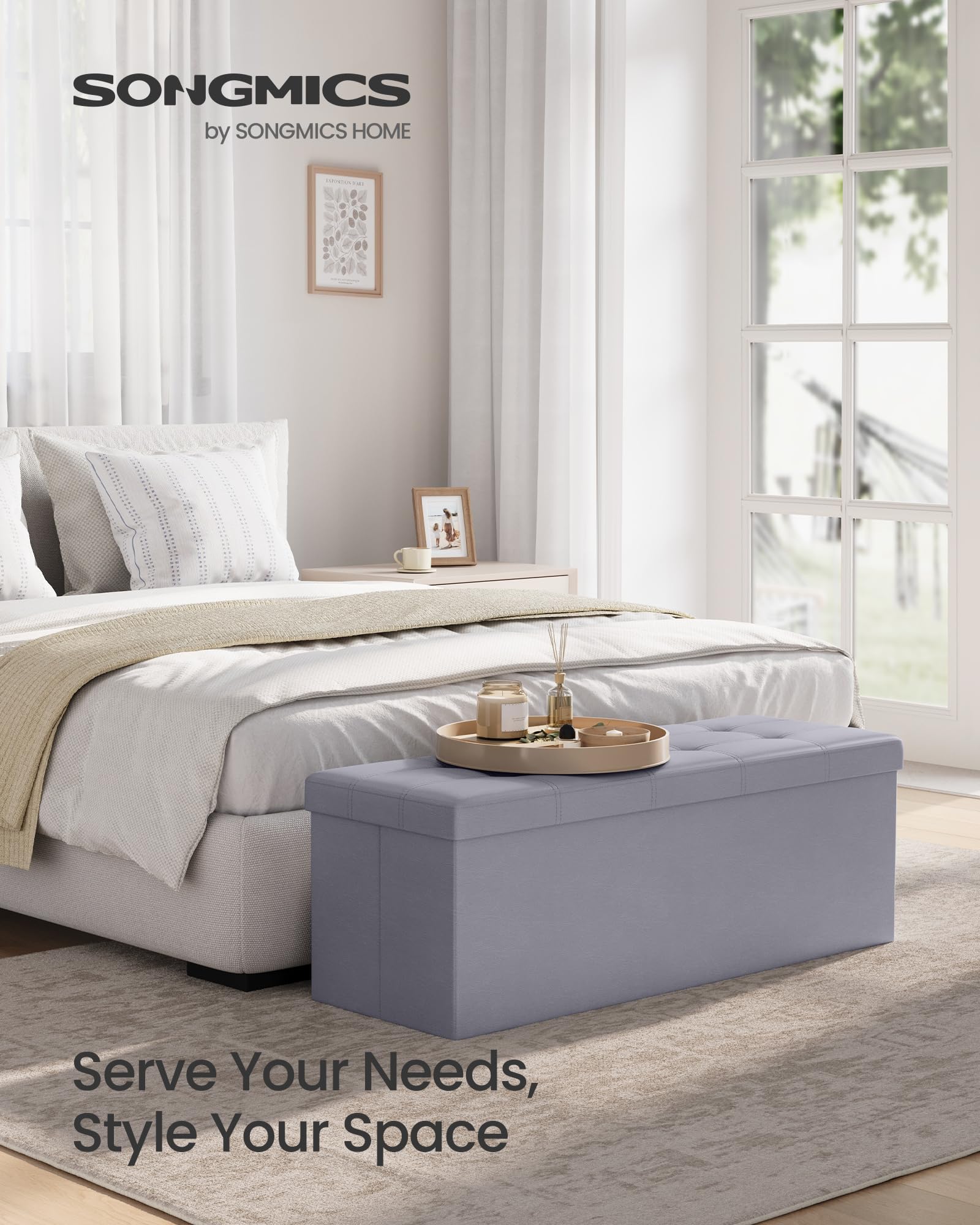 SONGMICS MAZIE Collection - 43 Inches Folding Storage Ottoman Bench, Ottoman with Storage, Foot Rest Stool, Load 660 lb, for Living Room, Synthetic Leather, Light Gray ULSF70GY