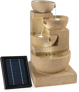 Blumfeldt Korinth Zierbrunnen - Gartenbrunnen, stimmungsvolles Wasserspiel, Solarbetrieb, 3 Watt Solar LED, Pumpe, 4 Etagen, 250 l/h Wasserfluss, Innen- oder Außenbereich, Sandsteinoptik