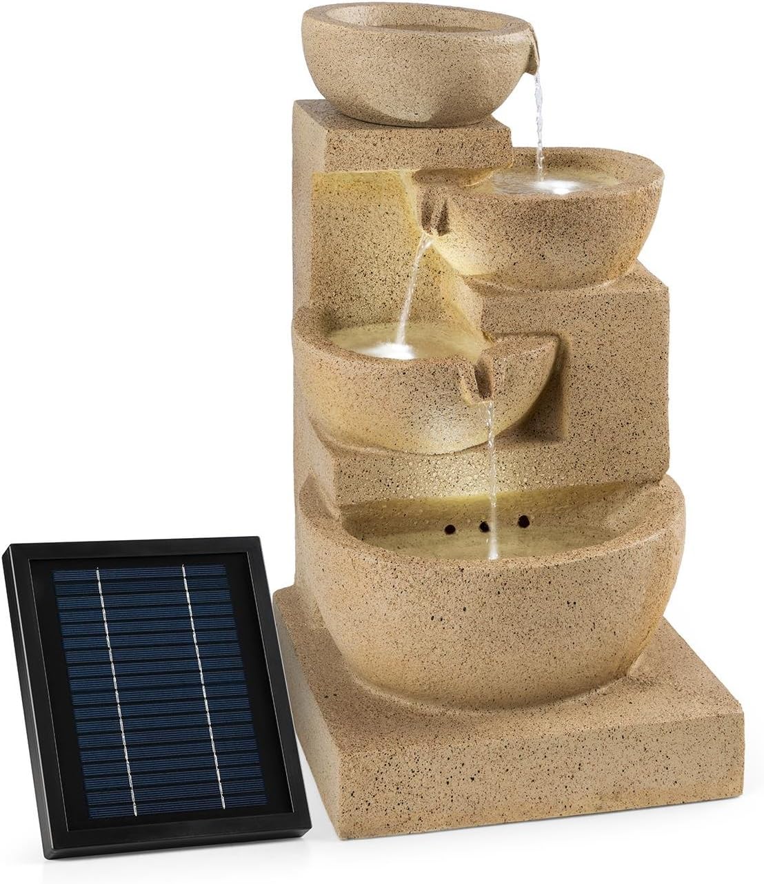 Blumfeldt Korinth Zierbrunnen - Gartenbrunnen, stimmungsvolles Wasserspiel, Solarbetrieb, 3 Watt Solar LED, Pumpe, 4 Etagen, 250 l/h Wasserfluss, Innen- oder Außenbereich, Sandsteinoptik