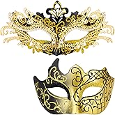 MYSEUNI 2025 Masquerade Masks for Couples, Shiny Rhinestone Metal Filigree Venetian Mask & Mens Venetian Mask for Mardi Gras
