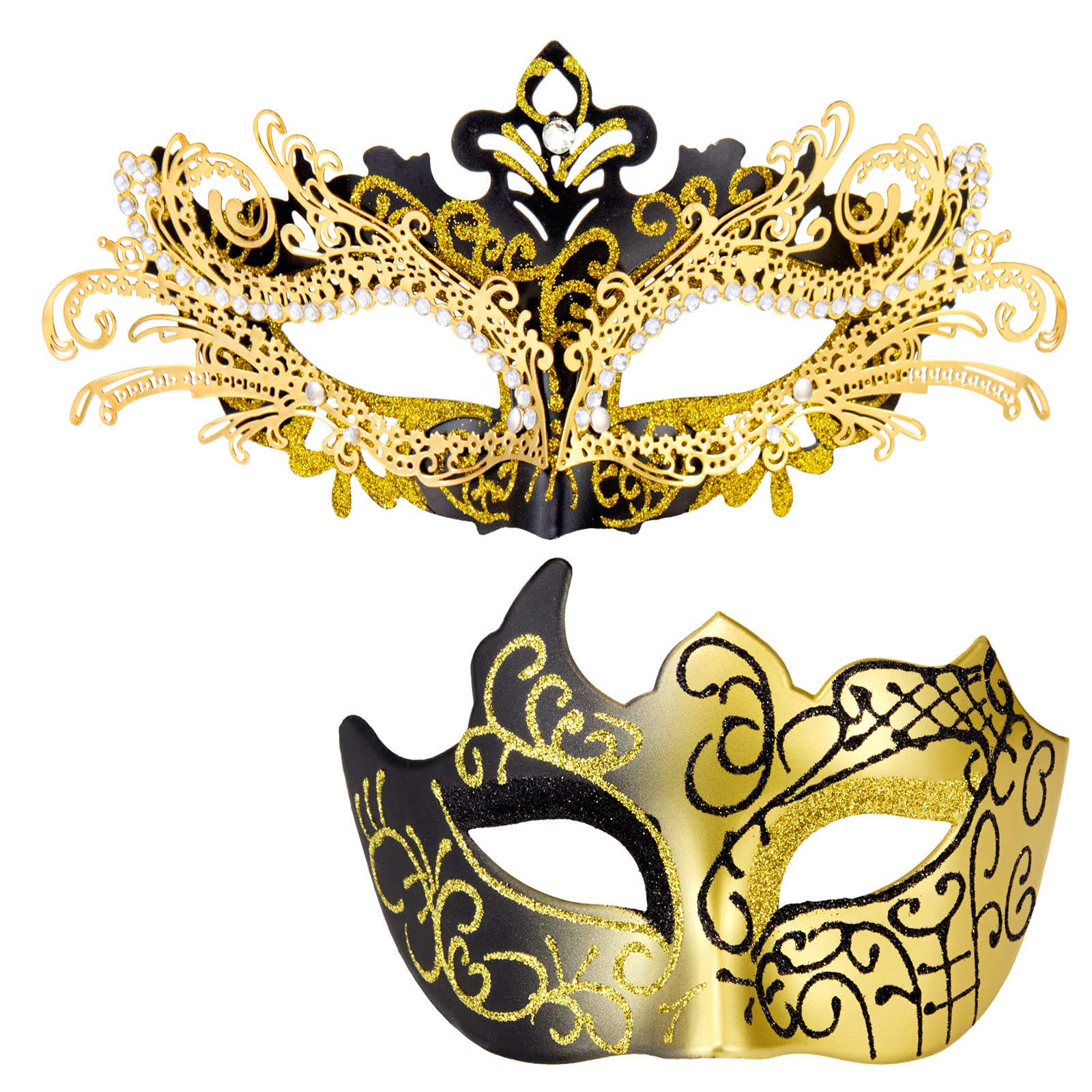 MYSEUNI Gold Masquerade Masks for Couples - Shiny Rhinestone Metal Filigree Venetian Mask & Mens Venetian Mask for Mardi Gras… — image 1