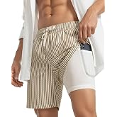 Yufawow 2 in 1 Seersucker Men Swim Trunk with Compression Liner 7 Inches Quick Dry Zipper Pockets for Cruise Beach Pool Board