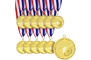 Juvale 12 Pack Award Medals for Adults - Team Participation Trophies with Red, White, and Blue Striped Ribbon, Sports Themed Party Favors (2 in, Metal, Gold)