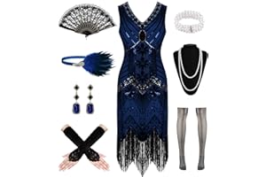 Women's 1920s Flapper Dresses, Lace Fan Feather Headband Sequin Beaded Fringes Vintage V Neck Roaring 20s Accessories