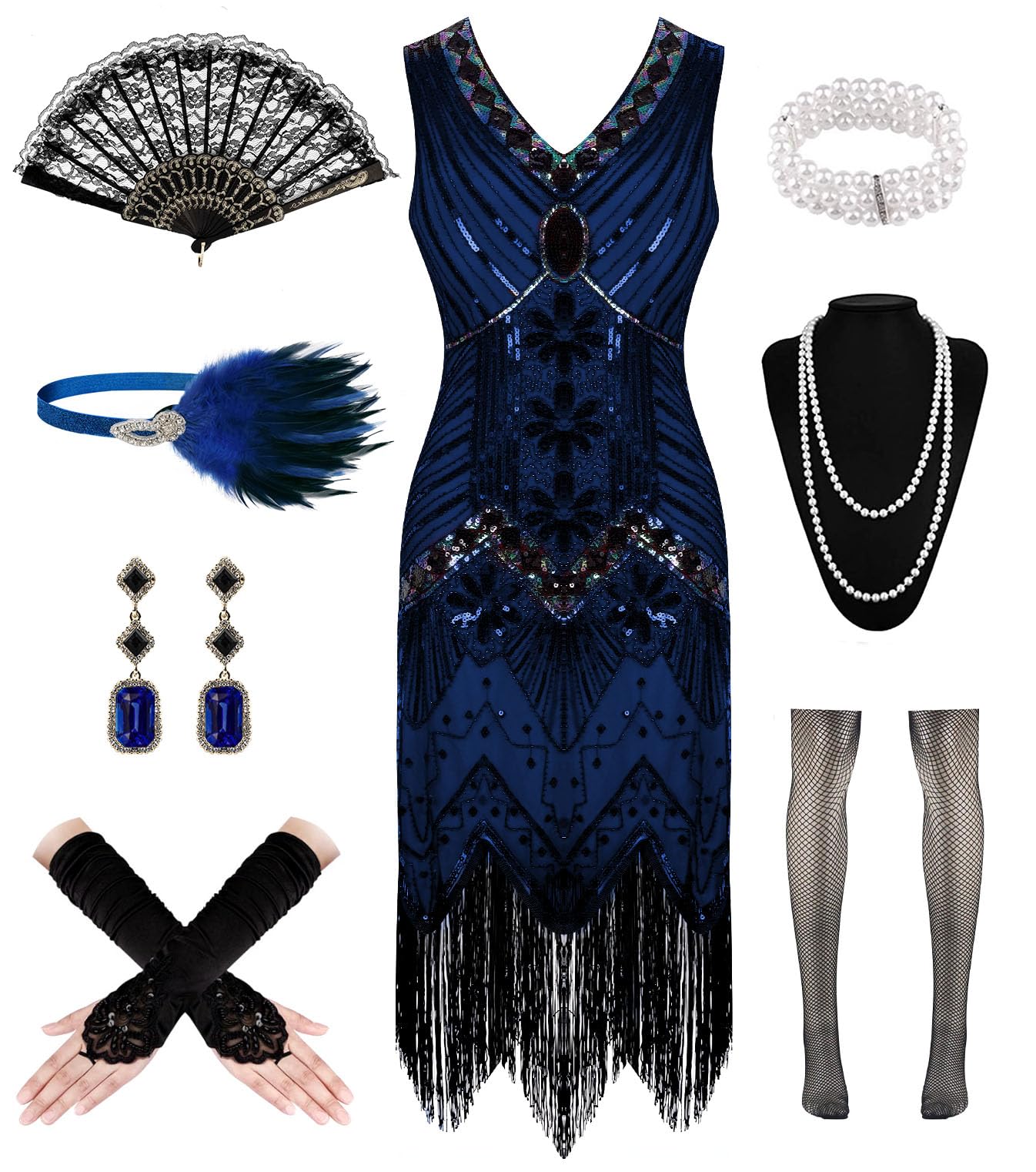 WILDPARTY 1920s Dresses for Women, Flapper Dress Lace Fan Fether Headband Sequins Beads Fringes 20s Accessories Vintage Mafia Costume BlackBlue XL