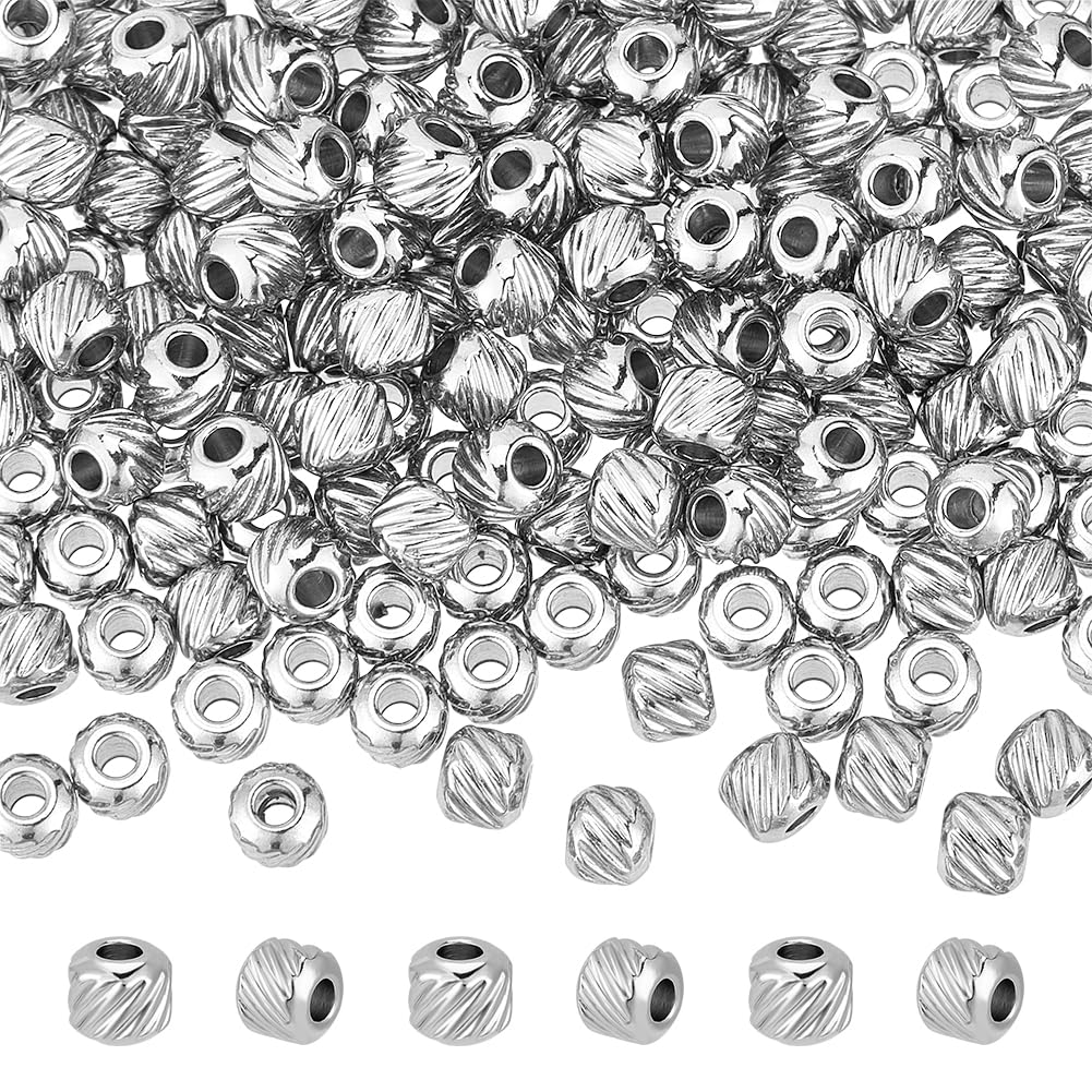 UNICRAFTALE 200Pcs 4mm Textured Spacer Beads Stainless Steel Beads 1.5mm Hole Bracelet Bead Rondelle Metal Stripe Spacer Round Bead for DIY Bracelet Jewelry Making Stainless Steel Color