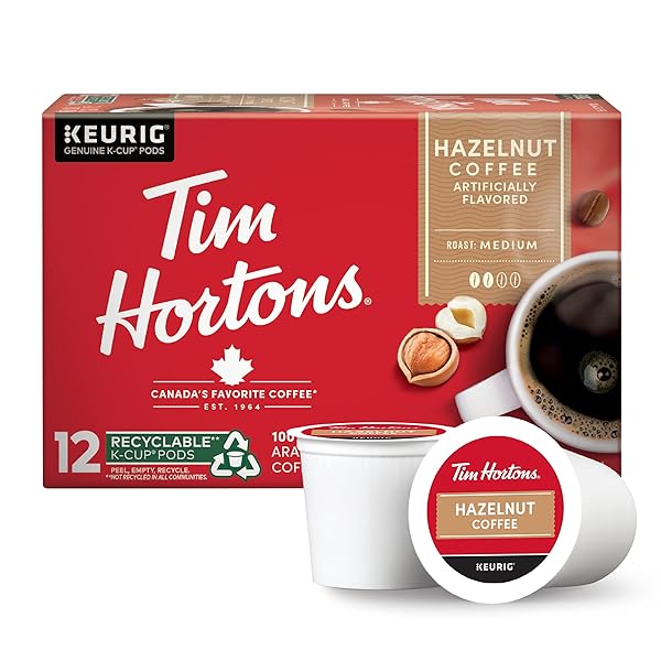 TIM HORTONS HAZELNUT FLAVORED, MEDIUM ROAST COFFEE, SINGLE-SERVE K-CUP PODS COMPATIBLE WITH KEURIG BREWERS, 12CT K-CUPS, RED