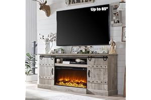 OKD 70" Fireplace TV Stand for 75 80 Inch TV, Farmhouse Highboy Entertainment Center with 30" Electric Fireplace &Sliding Barn Doors, 32" Tall Media Console Cabinet for Living Room, Light Rustic Oak