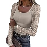 ANRABESS Womens Long Sleeve Shirts Scoop Neck Lace Going Out Tops Slim Fit Rib Knit Casual Blouses 2025 Fall Fashion Outfits