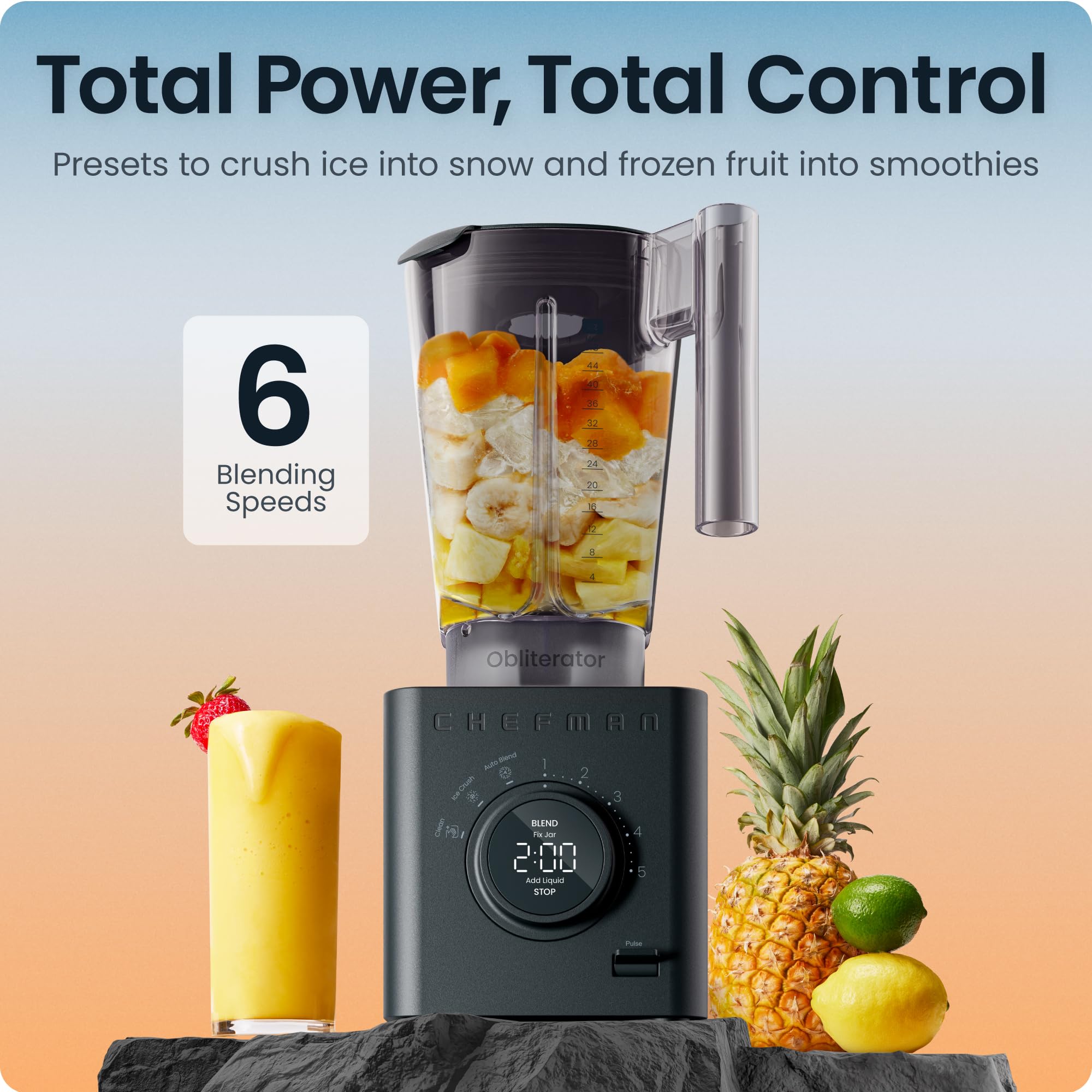 Chefman Obliterator Licuadora de encimera de 48 oz para batidos, motor de 1380 W para triturar hielo, nueces y frutas congeladas con hoja de acero inoxidable, función de mezcla automática, incluye manipulador y raspador