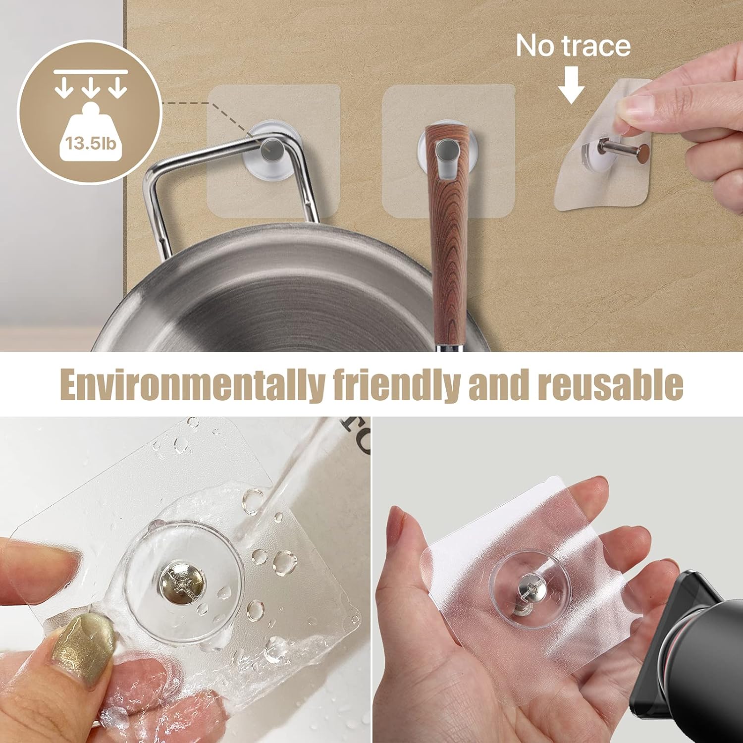 GINMINO Wall Hooks 13.5lbs(Max) Transparent Reusable Adhesive Hooks，Waterproof and Oilproof, Bathroom Kitchen Wall Hooks Heavy Duty 10 Pack: Home Improvement