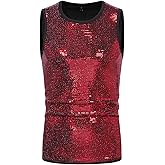 GENEMEN Mens Sequin Tank Tops Round Neck 70s Disco Sleeveless Shirts Sparkly Party Rave Outfit