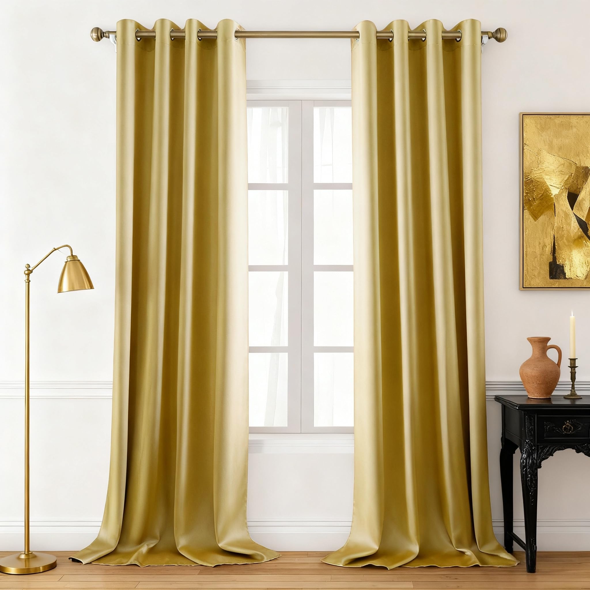 HOMEIDEAS 2 Panels Gold Faux Silk Blackout Luxury Curtains, 52 X 84 Inch Room Darkening Satin Thermal Insulated Vintage Christmas Window Drapes for Bedroom Decor, Indoor Image