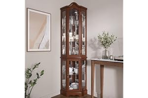 BELLEZE Lighted Corner Display Curved Top Curio Cabinet Wooden Shelving Unit with Tempered Glass Door, Bar and Liquor Storage Area with 5 Shelves - Loraine (Walnut)