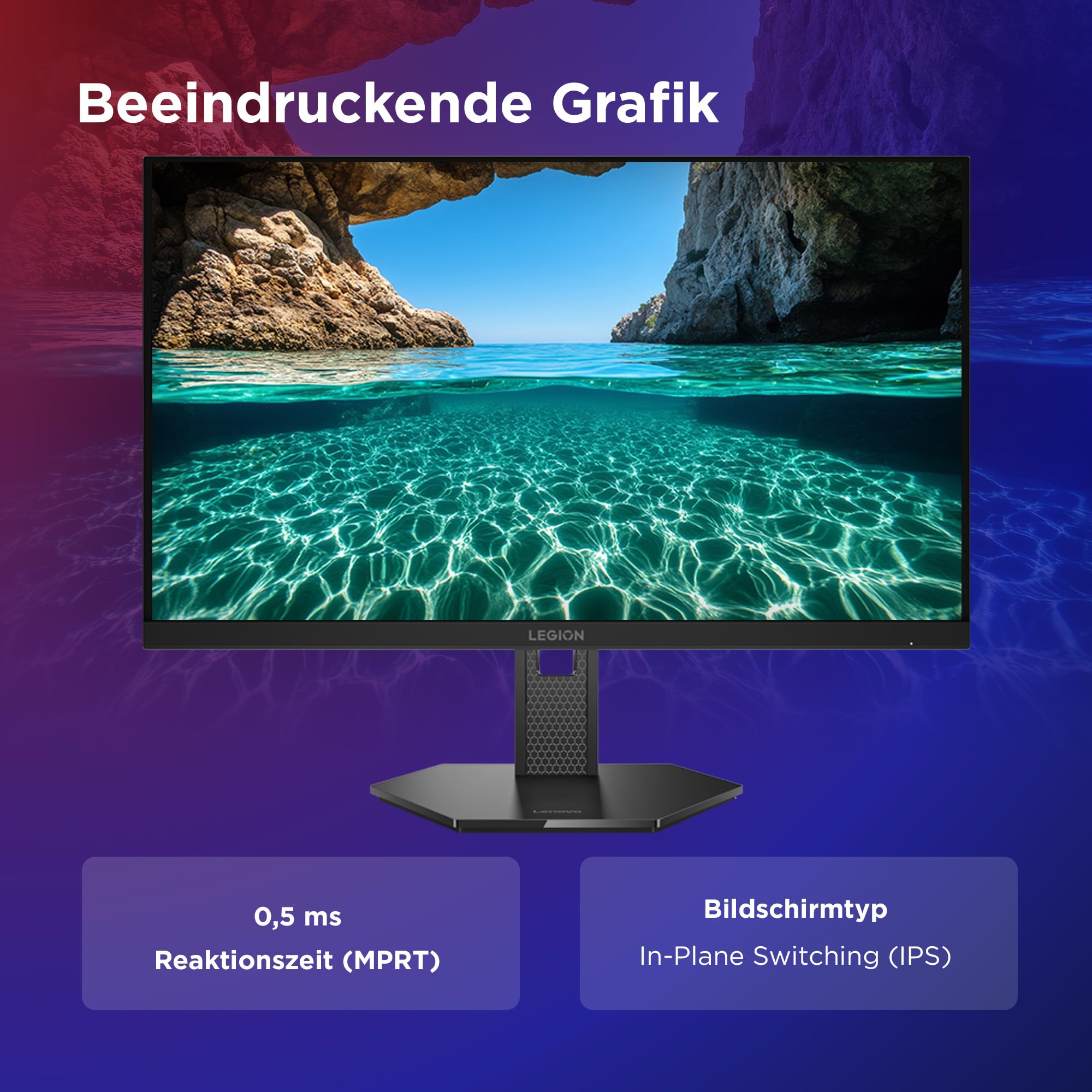 Lenovo Legion 27QD-10 | 27" QHD WLED Gaming Monitor | 2560x1440 | 16:9 | 240Hz | 0.5ms Reaktionszeit | USB-C | HDMI | USB-A | Jack 3.5mm | IPS-Panel | Standfuß | TÜV | schwarz | 5.6 kg 4