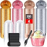 Bokon 200 Pack Cupcake Liners with Dome Lids and Spoons 3.5 oz Mini Foil Baking Cups Disposable Muffin Liners Pans Holders Containers Cupcake Wrappers for Wedding Birthday Party Individual Bakery