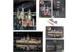 PAITUEND Scratch Rainbow Painting Art Paper,Scratch Art Crafts Set for Adults&Kids,Scratch Painting DIY Creative Gift with 4 Tools,16''x11''(Neuschwanstein Castle&Budapest)