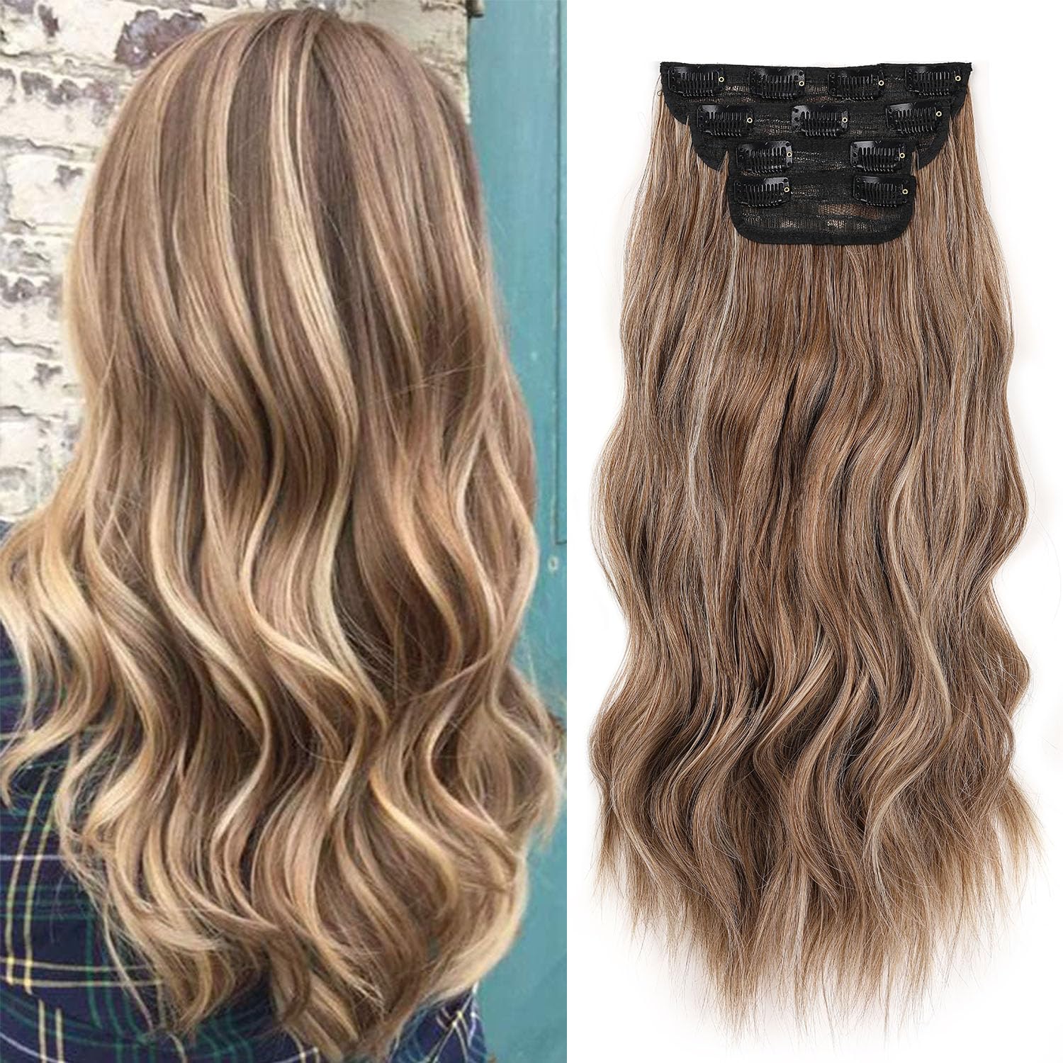 Mscat 16 Inch Clip Hair Extensions Dark Brown with Blonde - 4PCS Full Head Set Thick Curly Wavy Synthetic Hair Pieces — image 1