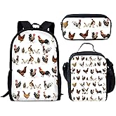 doginthehole Chicken Print Backpack Set 3 Piece Shoulder School Book Bags for Kids Boys Girls
