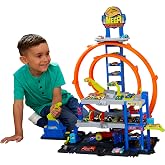 Hot Wheels Mega Loop Garage​​ Track Set with Toy Car &amp; Helicopter | Playset with Die-Cast Vehicle &amp; Chopper, 2 Loops, Storage for 36 1:64 Scale Vehicles, Speed Snap Adapters