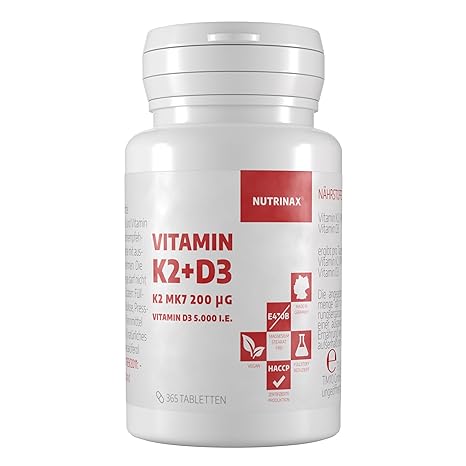 Vitamin K2 MK7 200µg + Vitamin D3-5000 IE - 365 vegane Tabletten - 5 Tagesdosis (alle 5 Tage eine Tablette entspricht 1000 I.
