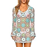 FAIRY SEASON Women's Crochet Beach Cover Up Dress Boho Bell Sleeve 3D Camellia Embroidery for Vacation, Pool Party