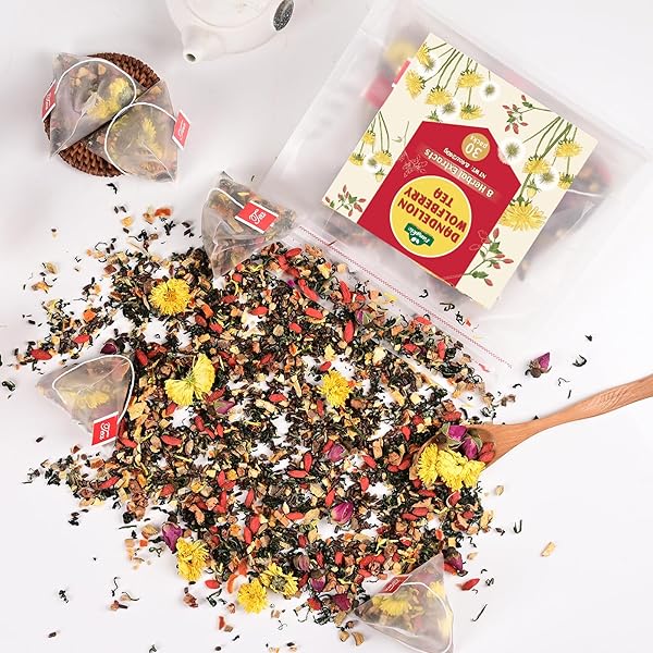 FANGKIC 30 PACKS ORGANIC DANDELION ROOT TEA BAG, 8 HERBAL DANDELION WOLFBERRY TEA OF DANDELION, GOJI BERRY, JUJUBE DATES, ROSE, LICORICE, CHRYSANTHEMUM 8.5OZ(240G)