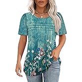 OFEEFAN Womens T Shirts Short Sleeve Tops Dressy Casual Blouses Spring Summer Outfits Flowy Pleated Front Scooped Neck