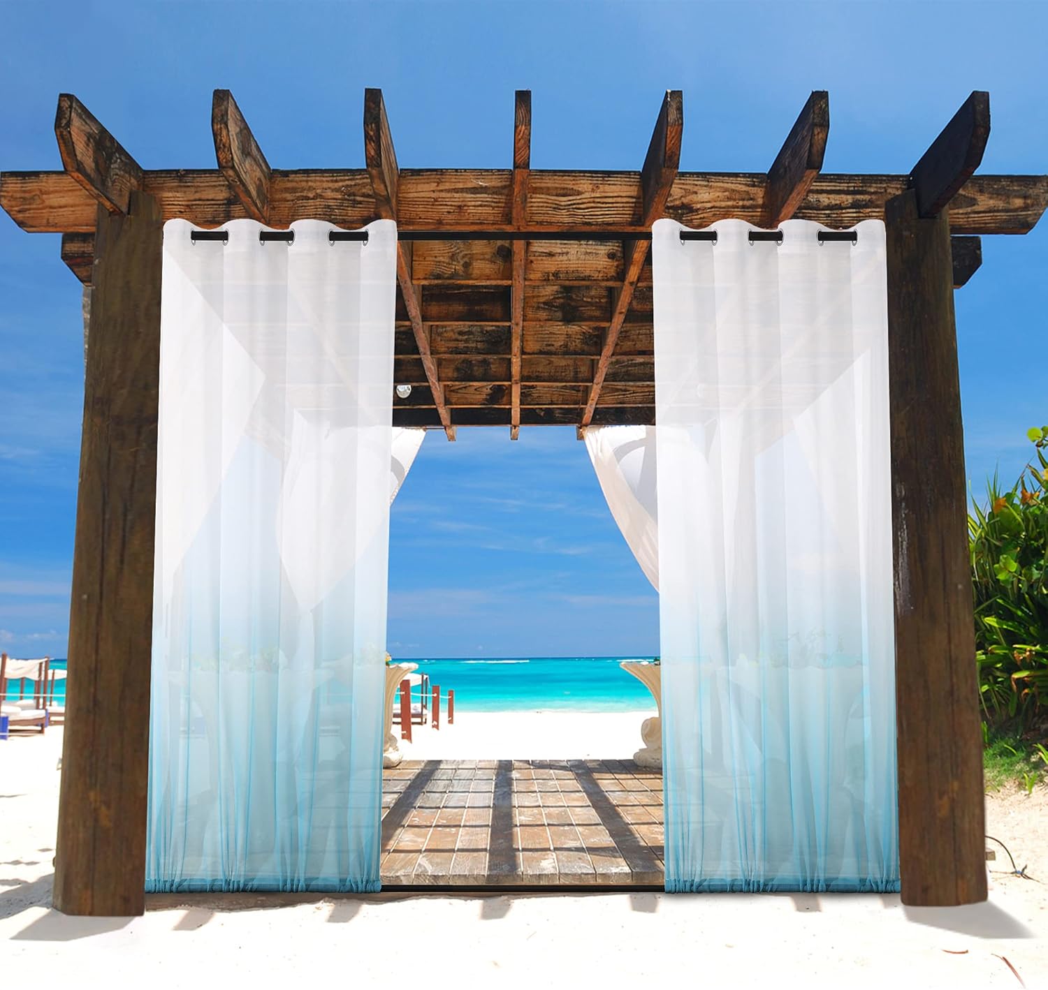 Outdoor Curtains - Anjee Sheer Outdoor Curtains Ombre Teal for Patio Waterproof Grommet Top Rod Pocket Bottom Semi Sheer Privacy Drapes with 2 Tiebacks for Gazebo, Porch, Sliding Door, 2 Panels 54 Wide x96 Length