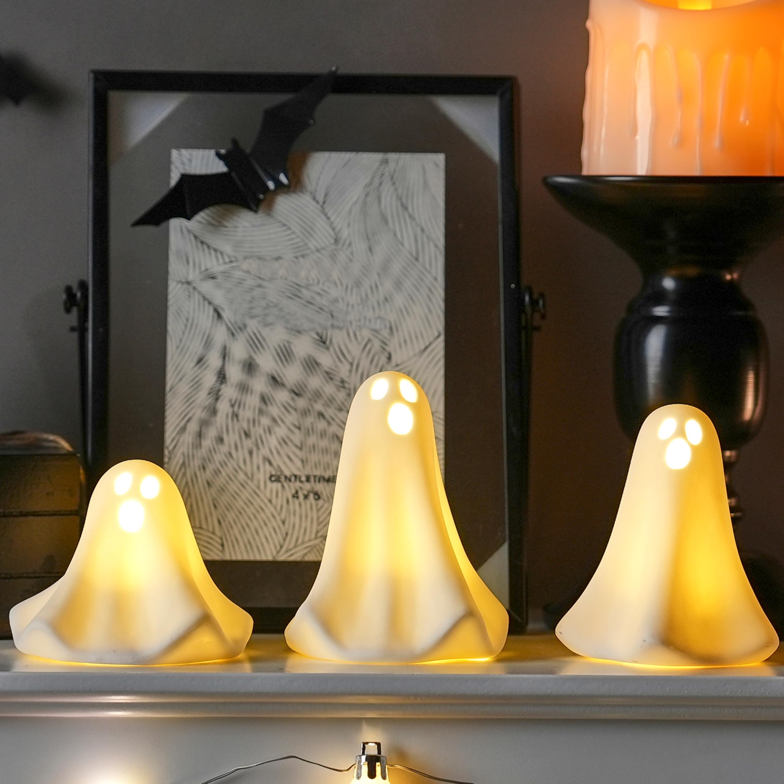 Photo 1 of AOMOONOA Ceramic Ghost Decor, 3Pcs Light Up Ghosts for Indoor Halloween Decorations, Battery Powered White Mini Ghost Figurines with LED for Spooky Halloween, Home Tabletop Shelf Centerpieces