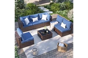 VONZOY Patio Furniture Set, 7 Piece Outdoor Sectional with Waterproof Cover, All-Weather Wicker Patio Conversation Sets for Backyard (Brown with Navy Cushion)