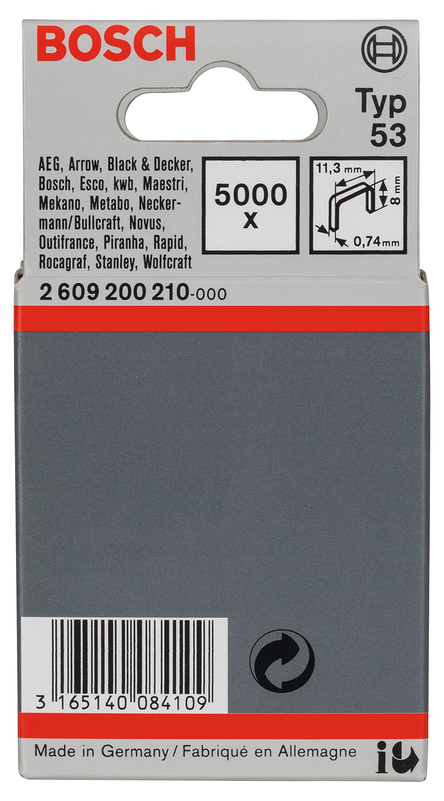 Bosch Fine Wire Staple Type 53 (Textiles, Carton, 114mm x 0.74mm x 8mm, Accessories for Joining)