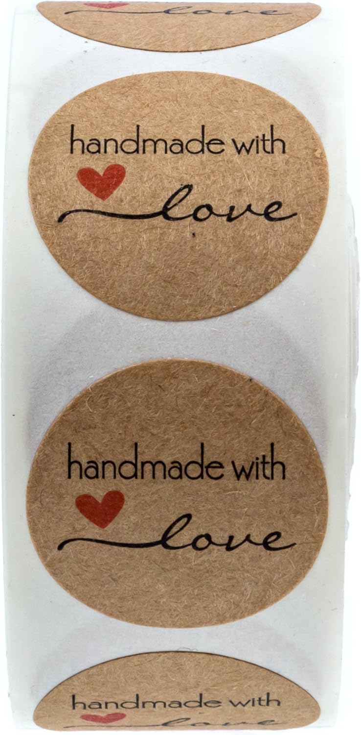 1" Inch Round Natural Kraft Handmade with Love Stickers/500 Labels per roll : Office Products