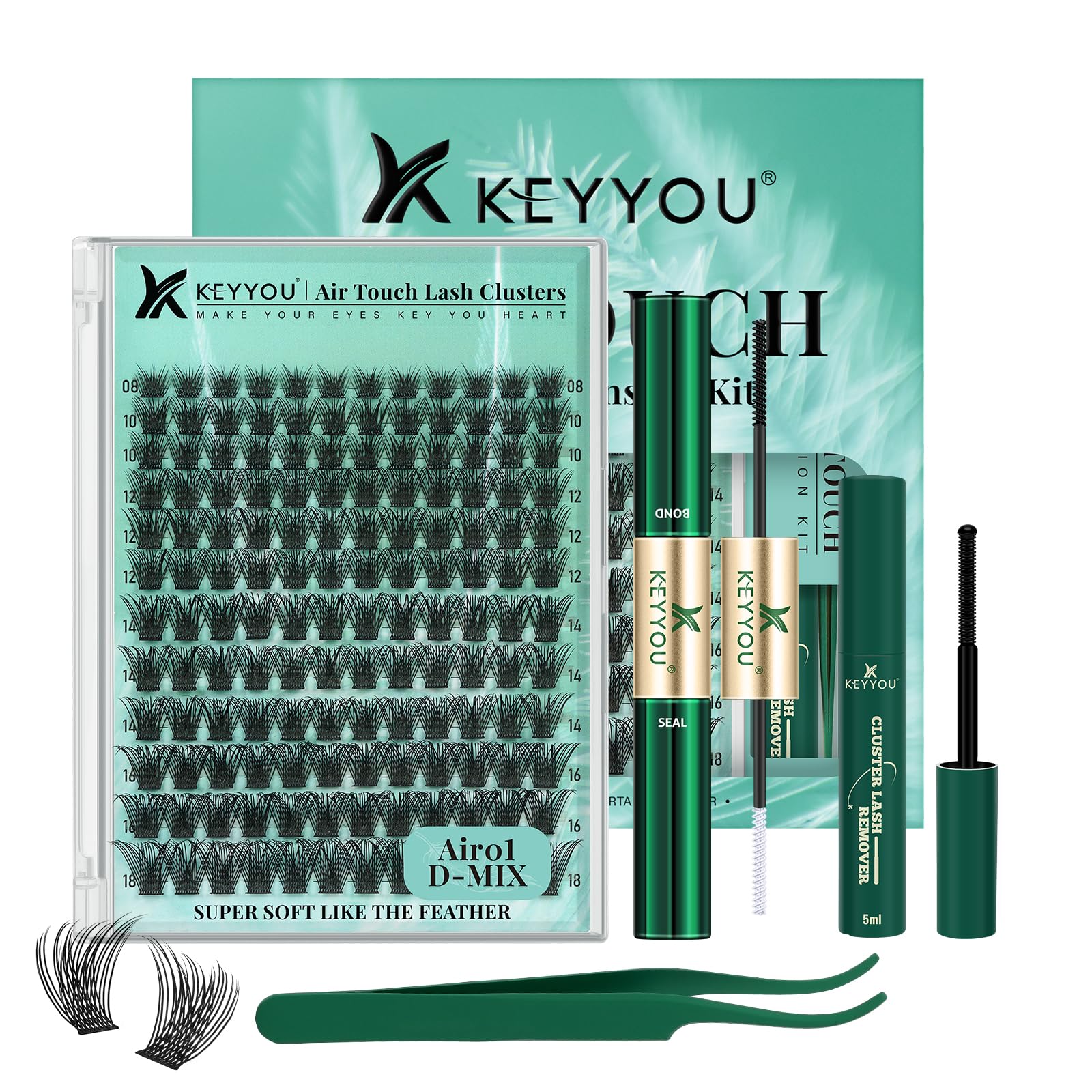 Photo 1 of KEYYOU Lash Extension Kit 144pcs Air Touch Lash Clusters with Bond and Seal Lash Applicator Remover D Curl DIY Eyelash Extension Kit Easy to Apply at Home(Air01Kit-D-8-18Mix)
