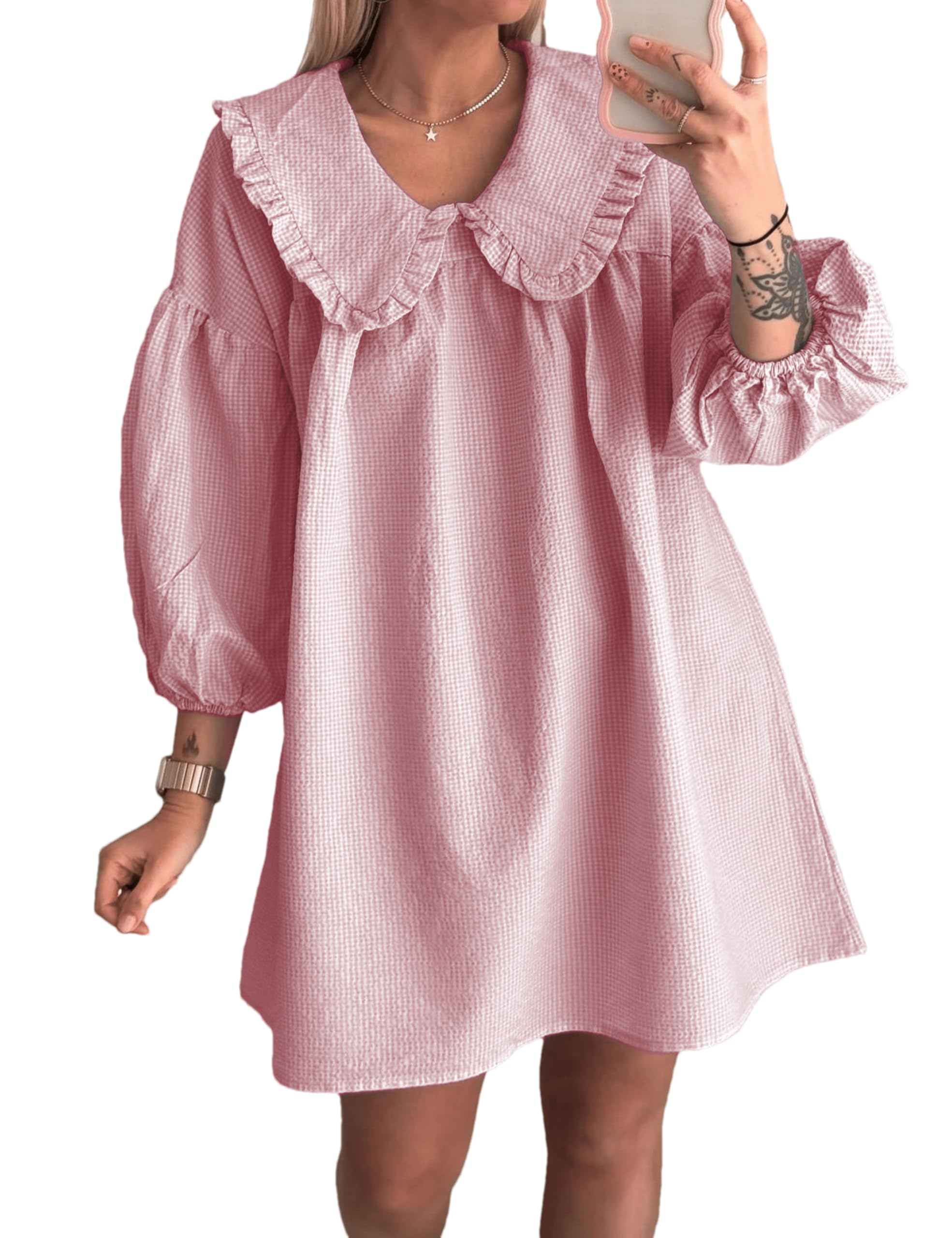 Ynhonra 2025 Women's Babydoll 3/4 Puff Sleeve Plaid Mini Dress Lapel Doll Collar Loose Y2k Dress(Blush-XL)