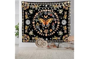 Avinyl Boho Butterfly Tapestry for Bedroom, Floral Moon Phase Botanical Plant Wall Tapestries, Orange Aesthetic Garden Star Mushroom Tapestry for Living Dorm Room Decor, 51 x 60in