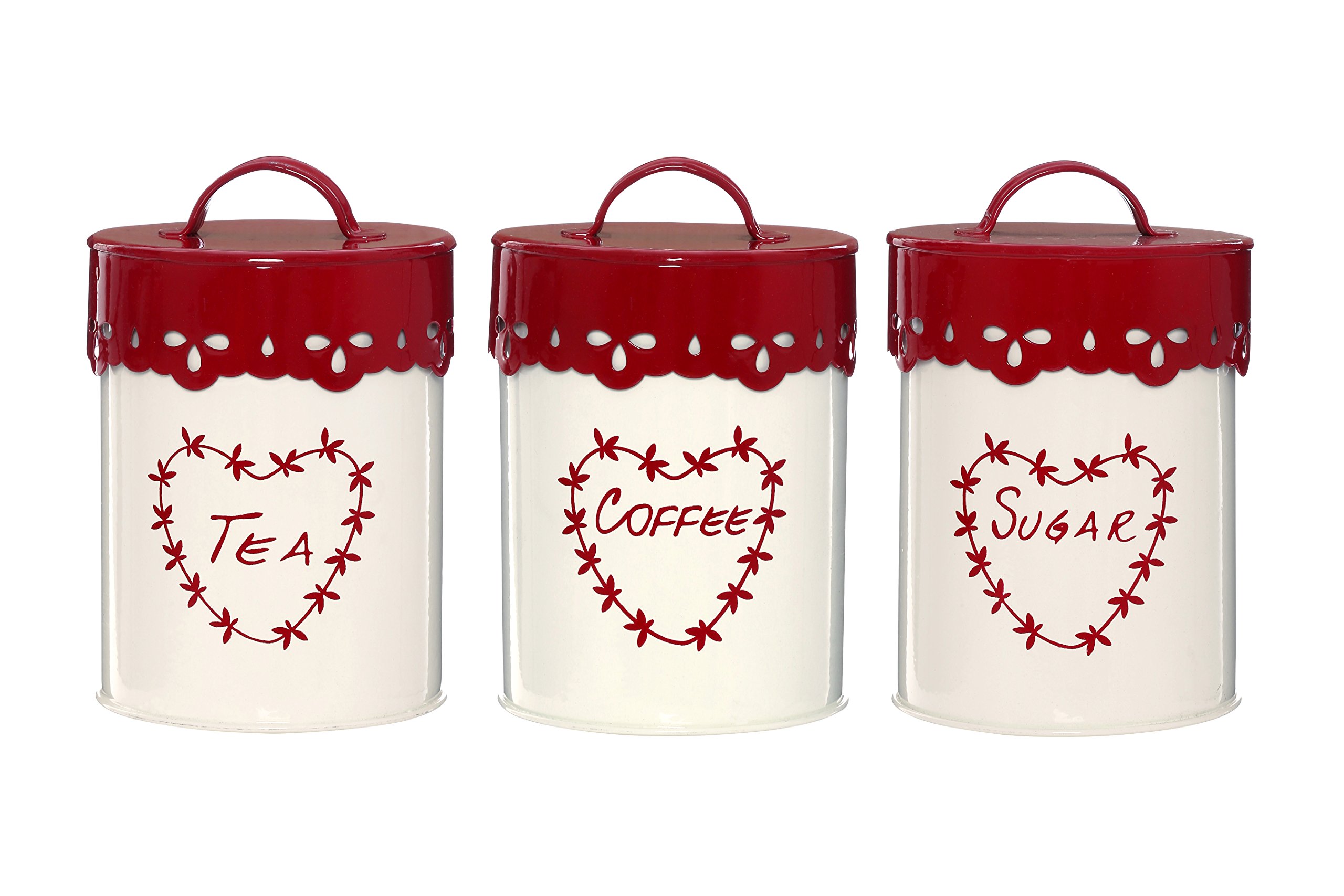 Premier Housewares 507620 Anglaise Tea/Coffee and Sugar Canisters - Set of 3, Cream/Red H14 x W11 x D11cm