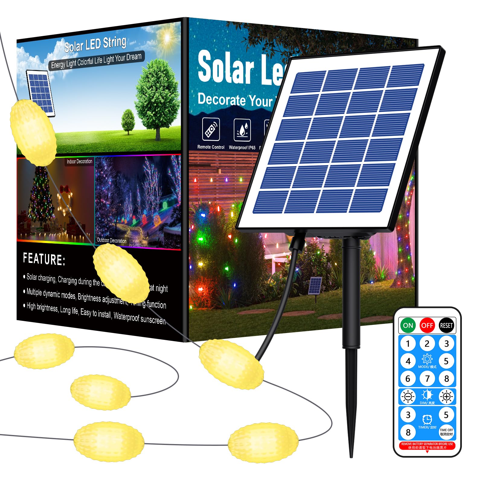 MIWATT 20M Warm White Outdoor Solar String Lights with Remote Control, 132 Bulb Solar Rope Lighting Outdoor Waterproof IP65 for Christmas Tree, Wedding, Party, Home Decoration