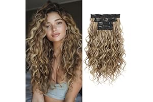 REECHO Curly Hair Extensions, 4PCS 16 inch Clip in Hair Extensions Lace Weft Short Curly Hair Extension Clip Ins Invisible Natural Hairpieces for Women, Light Brown with Blonde Highlights