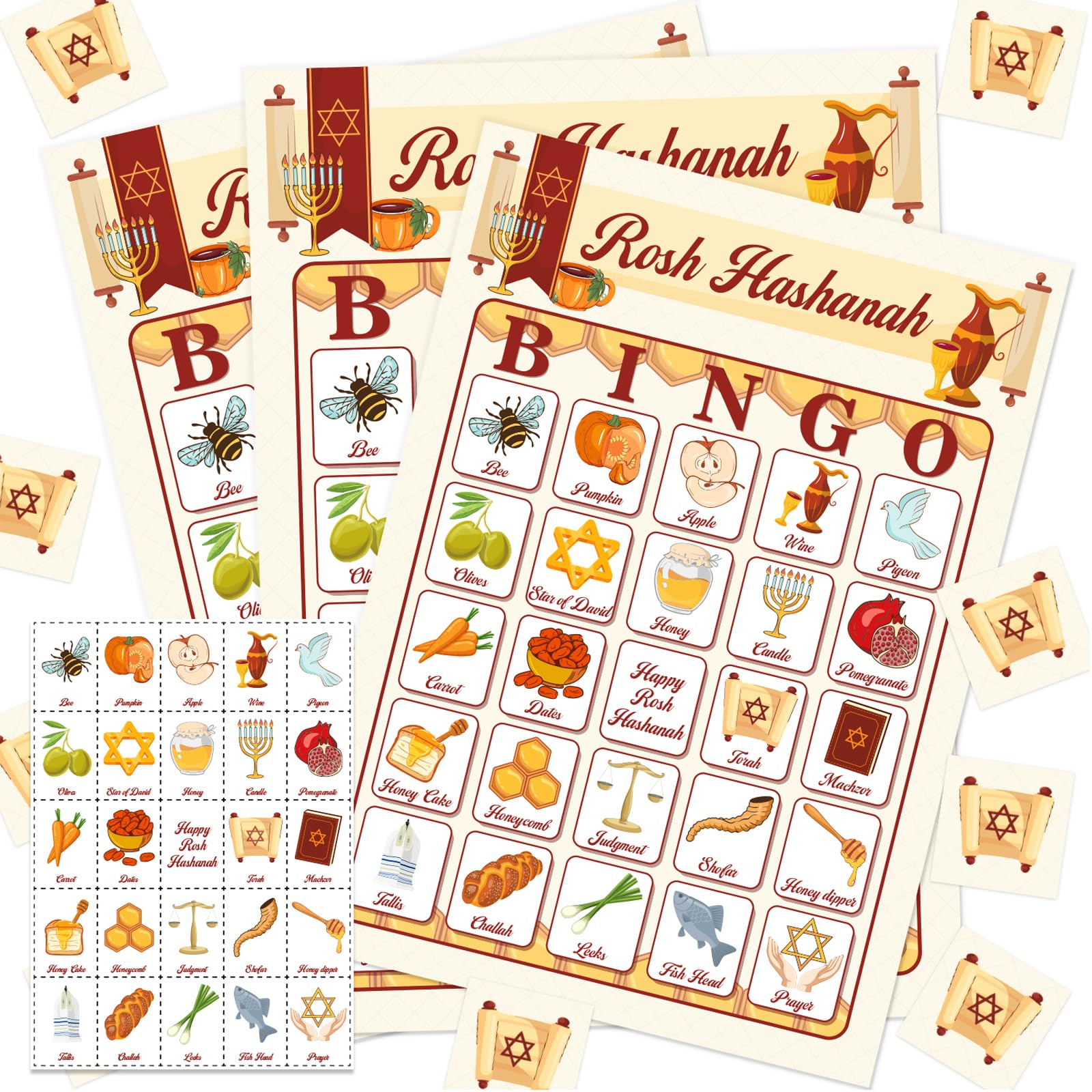 Photo 1 of 37pcs Rosh anah Bingo Jewish New Year Party Games 24 Players for Family Classroom Activities Jewish Holiday New Year Games Party Supplies